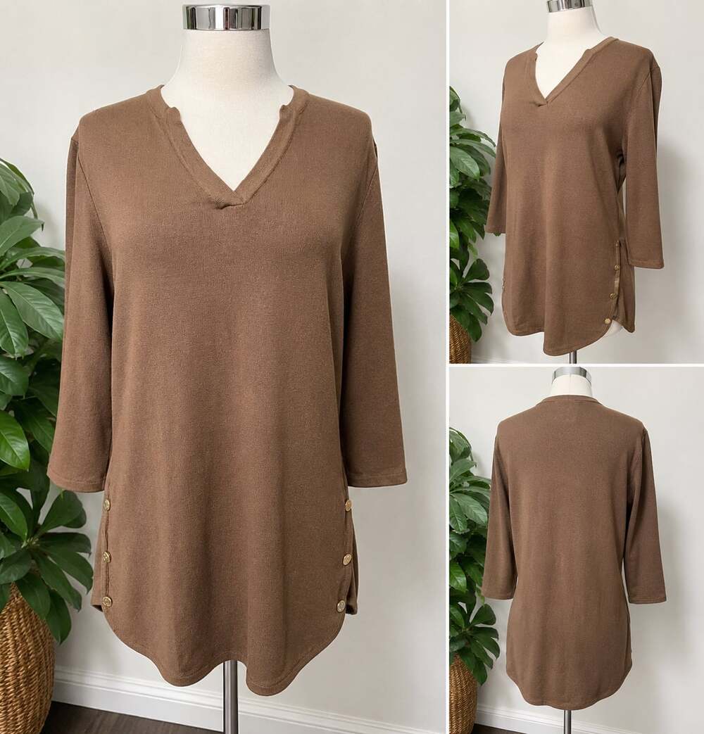 Jones New York Brown V-Neck Side Button Sweater Tunic XL